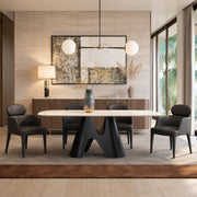Sculptural Carbon Steel Base Calcined Grey Stone Oval Dining Table